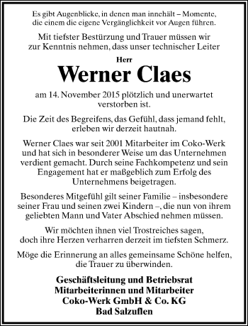 Anzeige  Werner Claes  Lippische Landes-Zeitung