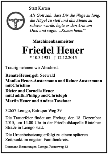 Anzeige  Friedel Heuer  Lippische Landes-Zeitung