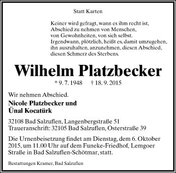 Anzeige  Wilhelm Platzbecker  Lippische Landes-Zeitung