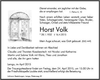 Anzeige  Horst Volk  Lippische Landes-Zeitung