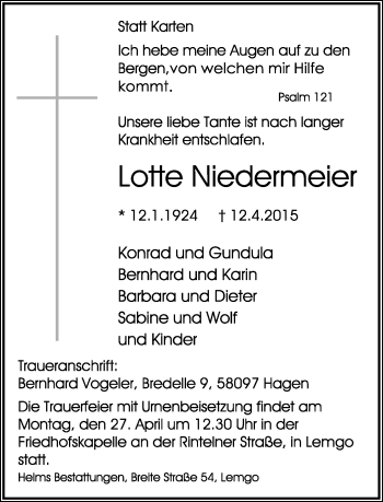 Anzeige  Lotte Niedermeier  Lippische Landes-Zeitung