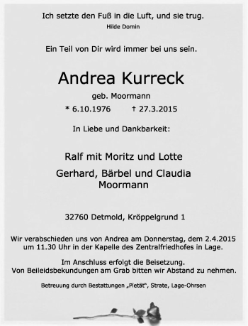 Anzeige  Andrea Kurreck  Lippische Landes-Zeitung