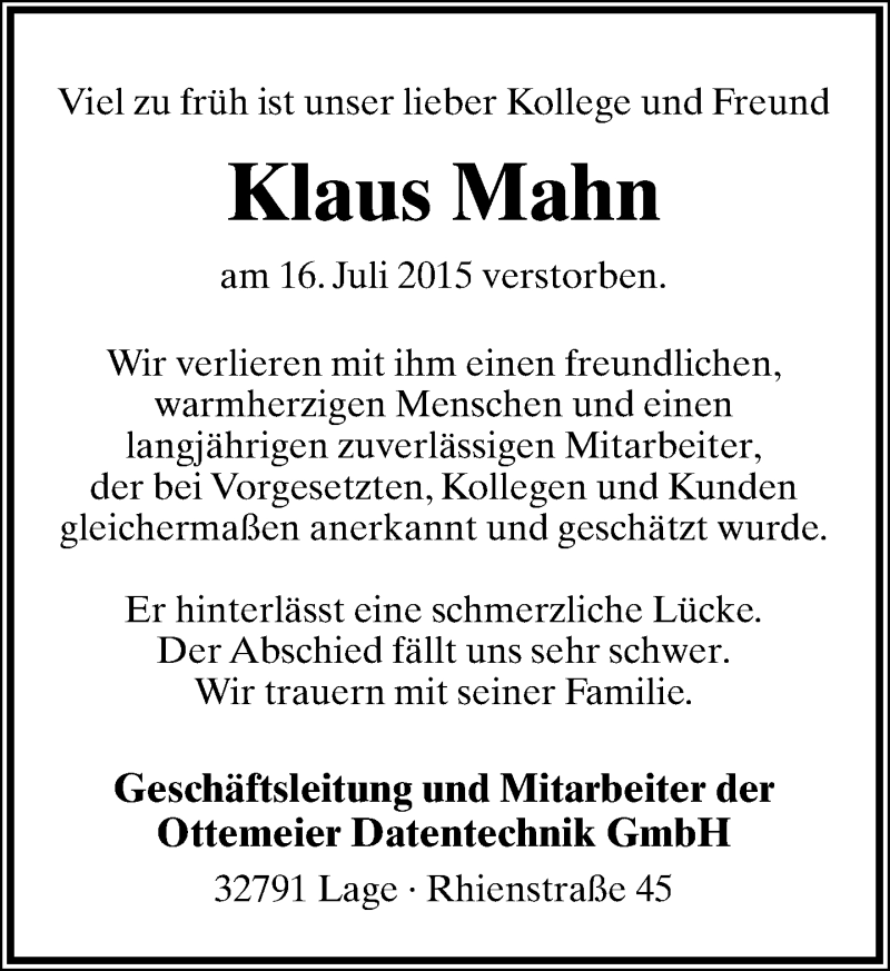  Traueranzeige für Klaus Mahn vom 18.07.2015 aus Lippische Landes-Zeitung