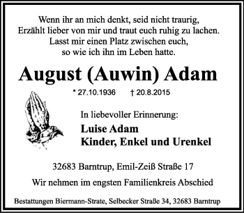 Anzeige  August Adam  Lippische Landes-Zeitung
