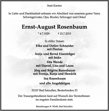 Anzeige  Ernst-August Rosenbaum  Lippische Landes-Zeitung