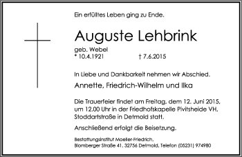 Anzeige  Auguste Lehbrink  Lippische Landes-Zeitung