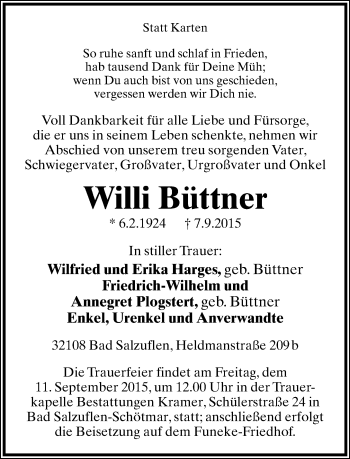 Anzeige  Willi Büttner  Lippische Landes-Zeitung