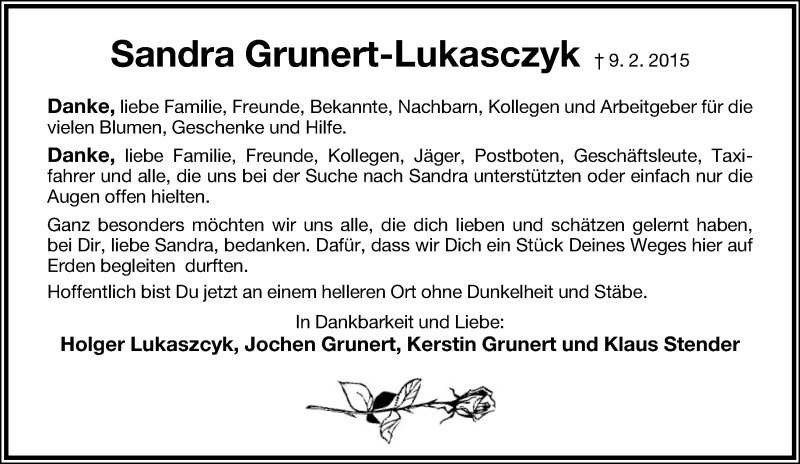  Traueranzeige für Sandra Grunert-Lukasczyk vom 14.03.2015 aus Lippische Landes-Zeitung