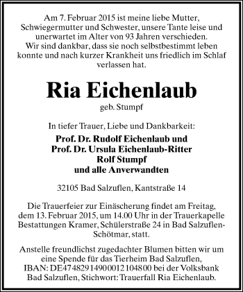 Anzeige  Ria Eichenlaub  Lippische Landes-Zeitung