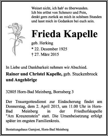 Anzeige  Frieda Kapelle  Lippische Landes-Zeitung