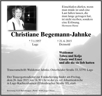 Anzeige  Christiane Begemann-Jahnke  Lippische Landes-Zeitung