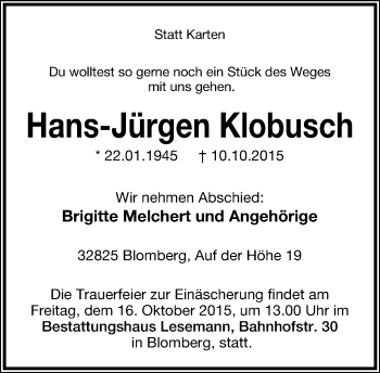 Anzeige  Hans-Jürgen Klobusch  Lippische Landes-Zeitung