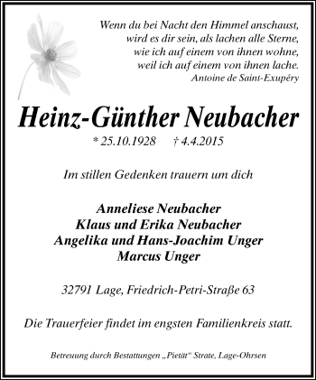 Anzeige  Heinz-Günther Neubacher  Lippische Landes-Zeitung