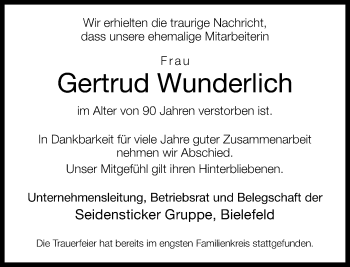 Anzeige  Gertrud Wunderlich  Lippische Landes-Zeitung