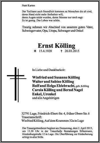 Anzeige  Ernst Kölling  Lippische Landes-Zeitung
