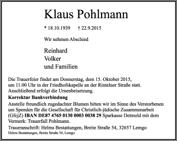 Anzeige  Klaus Pohlmann  Lippische Landes-Zeitung