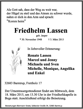 Anzeige  Friedhelm Lassen  Lippische Landes-Zeitung