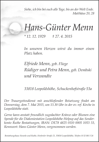 Anzeige  Hans-Günter Menn  Lippische Landes-Zeitung