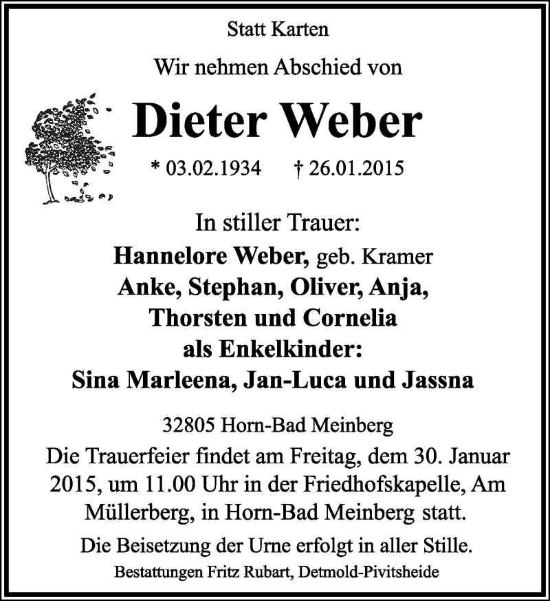  Traueranzeige für Dieter Weber vom 28.01.2015 aus Lippische Landes-Zeitung