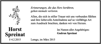 Anzeige  Horst Spreinat  Lippische Landes-Zeitung