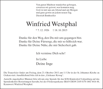 Anzeige  Winfried Westphal  Lippische Landes-Zeitung