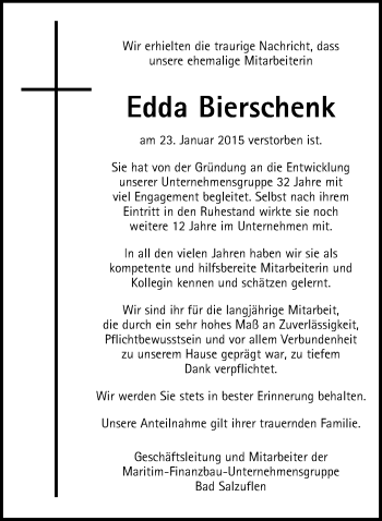 Anzeige  Edda Bierschenk  Lippische Landes-Zeitung