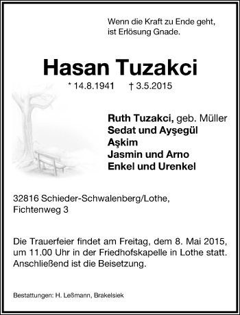 Anzeige  Hasan Tuzakci  Lippische Landes-Zeitung