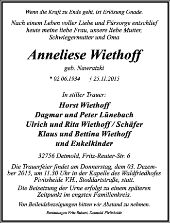 Anzeige  Anneliese Wiethoff  Lippische Landes-Zeitung