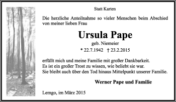 Anzeige  Ursula Pape  Lippische Landes-Zeitung
