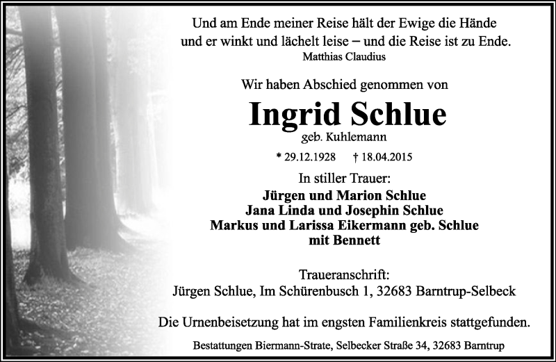 Traueranzeigen von Ingrid Schlue