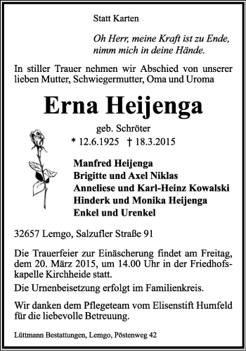 Anzeige  Erna Heijenga  Lippische Landes-Zeitung