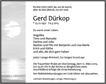 Anzeige  Gerhard Dürkop  Lippische Landes-Zeitung