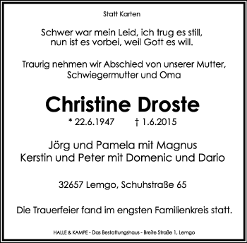Anzeige  Christine Droste  Lippische Landes-Zeitung