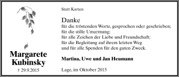 Anzeige  Margarete Kubinsky  Lippische Landes-Zeitung