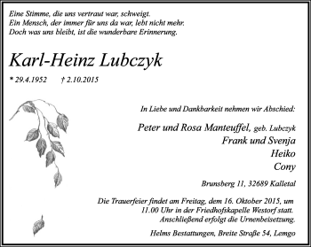 Anzeige  Karl-Heinz Lubczyk  Lippische Landes-Zeitung