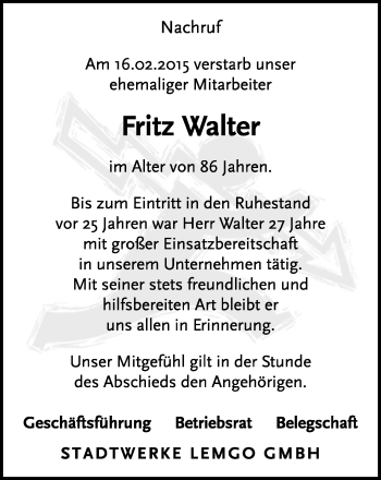 Anzeige  Fritz Walter  Lippische Landes-Zeitung