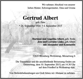 Anzeige  Gertrud Albert  Lippische Landes-Zeitung