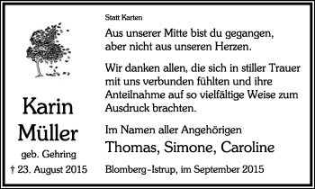 Anzeige  Karin Müller  Lippische Landes-Zeitung