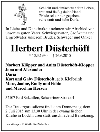 Anzeige  Herbert Düsterhöft  Lippische Landes-Zeitung