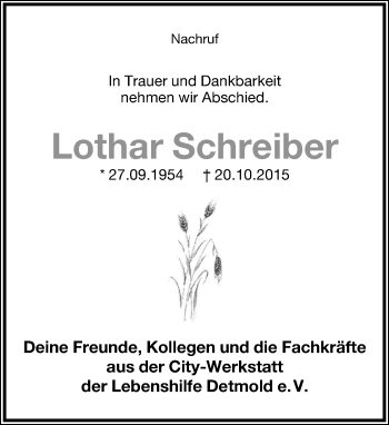 Anzeige  Lothar Schreiber  Lippische Landes-Zeitung