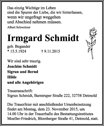 Anzeige  Irmgard Schmidt  Lippische Landes-Zeitung