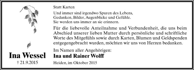  Traueranzeige für Ina Wessel vom 24.10.2015 aus Lippische Landes-Zeitung