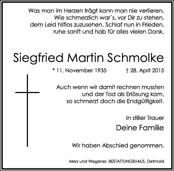 Anzeige  Siegfried Martin Schmolke  Lippische Landes-Zeitung