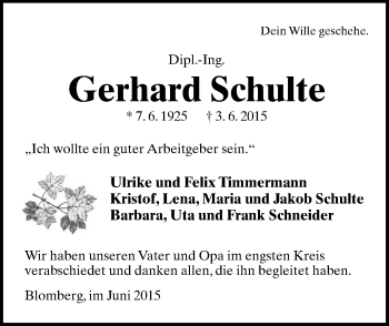 Anzeige  Gerhard Schulte  Lippische Landes-Zeitung