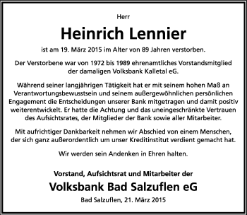 Anzeige  Heinrich Lennier  Lippische Landes-Zeitung