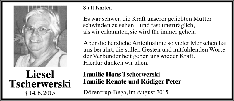  Traueranzeige für Liesel Tscherwerski vom 01.08.2015 aus Lippische Landes-Zeitung