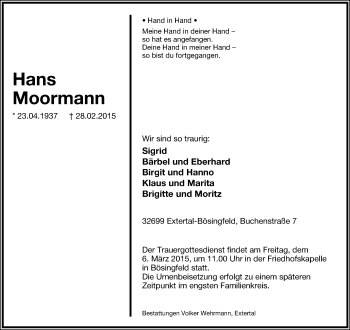 Anzeige  Hans Moormann  Lippische Landes-Zeitung