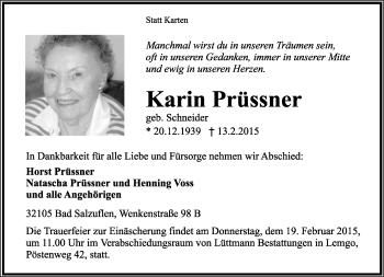 Anzeige  Karin Prüßner  Lippische Landes-Zeitung