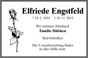 Anzeige  Elfriede Engstfeld  Lippische Landes-Zeitung