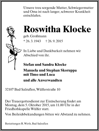 Anzeige  Roswitha Klocke  Lippische Landes-Zeitung